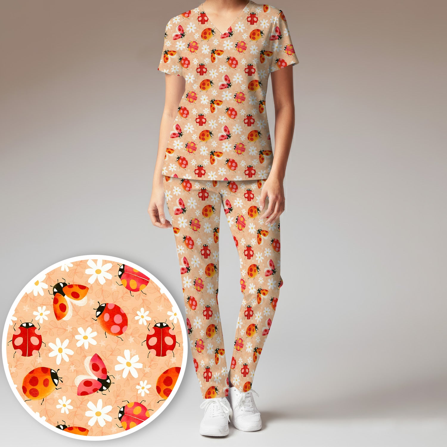 Ladybug Daisy Floral Pattern Scrub Set, Scrub Pants and V Neck Top