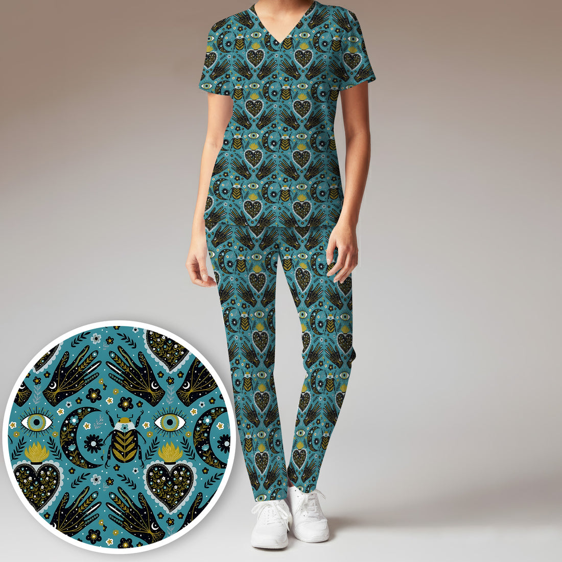 Mystic Celestial Heart & Evil Eye Pattern Scrub Set, Scrub Pants and V Neck Top