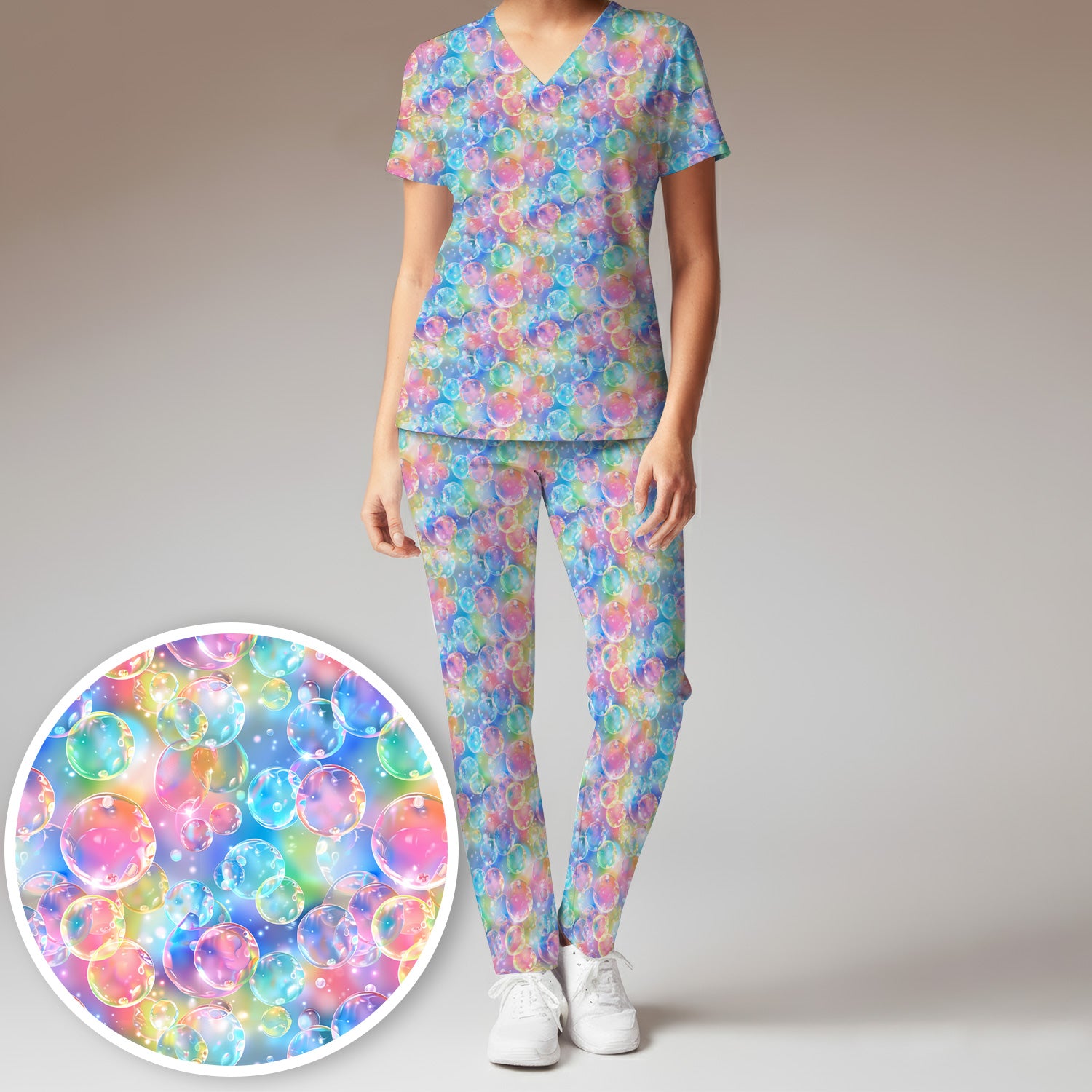 Colorful Floating Soap Bubble Pattern Scrub Set, Scrub Pants and V Neck Top