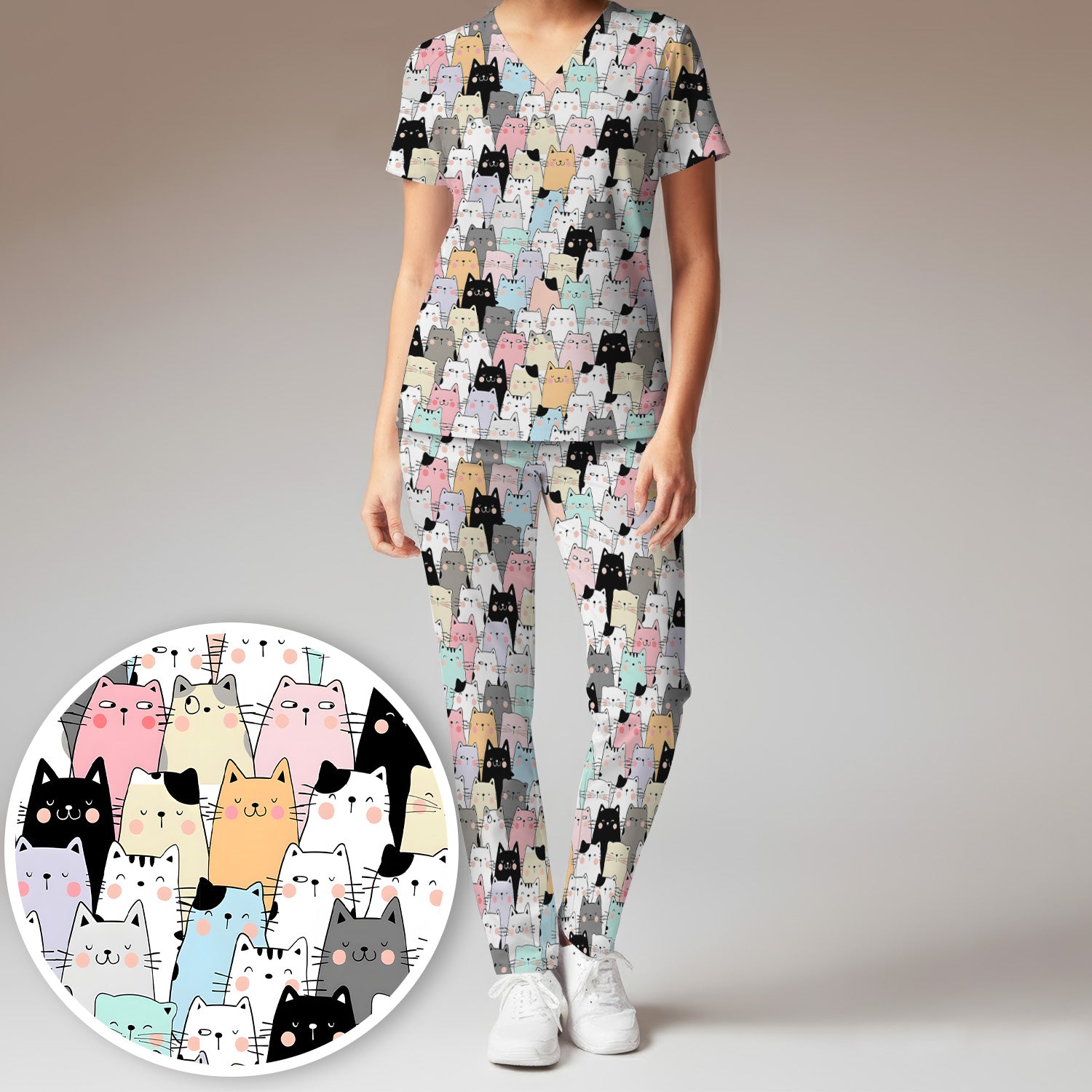 Playful Cartoon Cat Crowd Pattern Scrub Set, Scrub Pants and V Neck Top