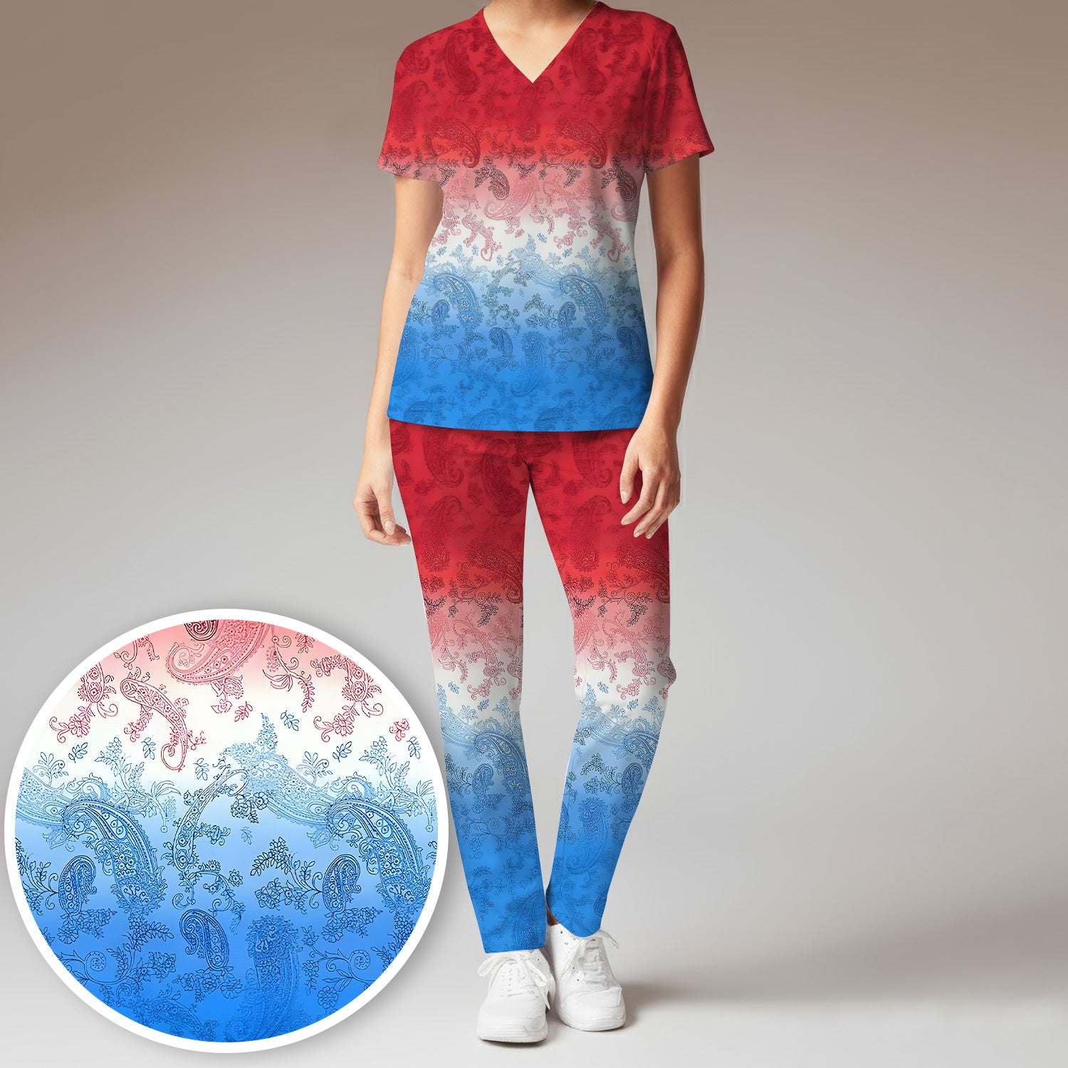 Red Blue Paisley Ombre Pattern Scrub Set, Scrub Pants and V Neck Top