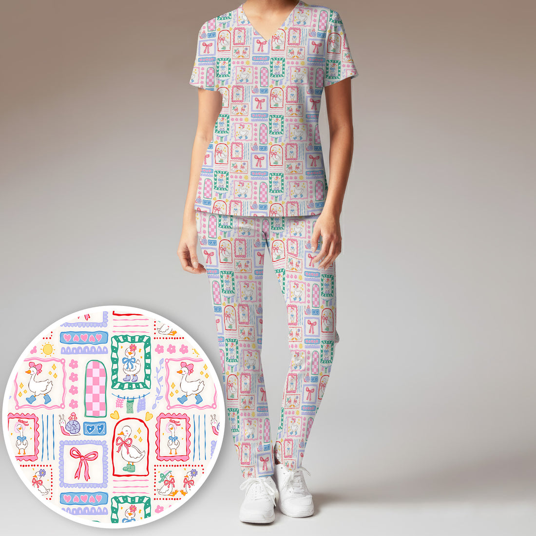 Adorable Nurse Goose Ribbon Patchwork Frame Pattern Scrub Set, Scrub Pants and V Neck Top