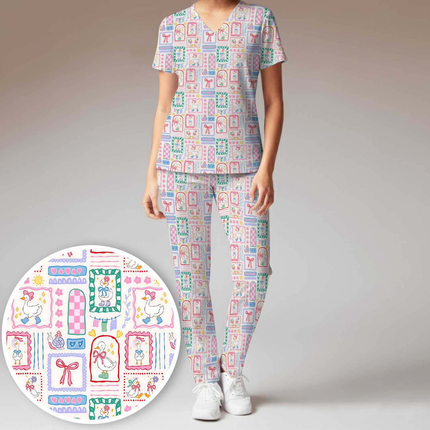 Adorable Nurse Goose Ribbon Patchwork Frame Pattern Scrub Set, Scrub Pants and V Neck Top
