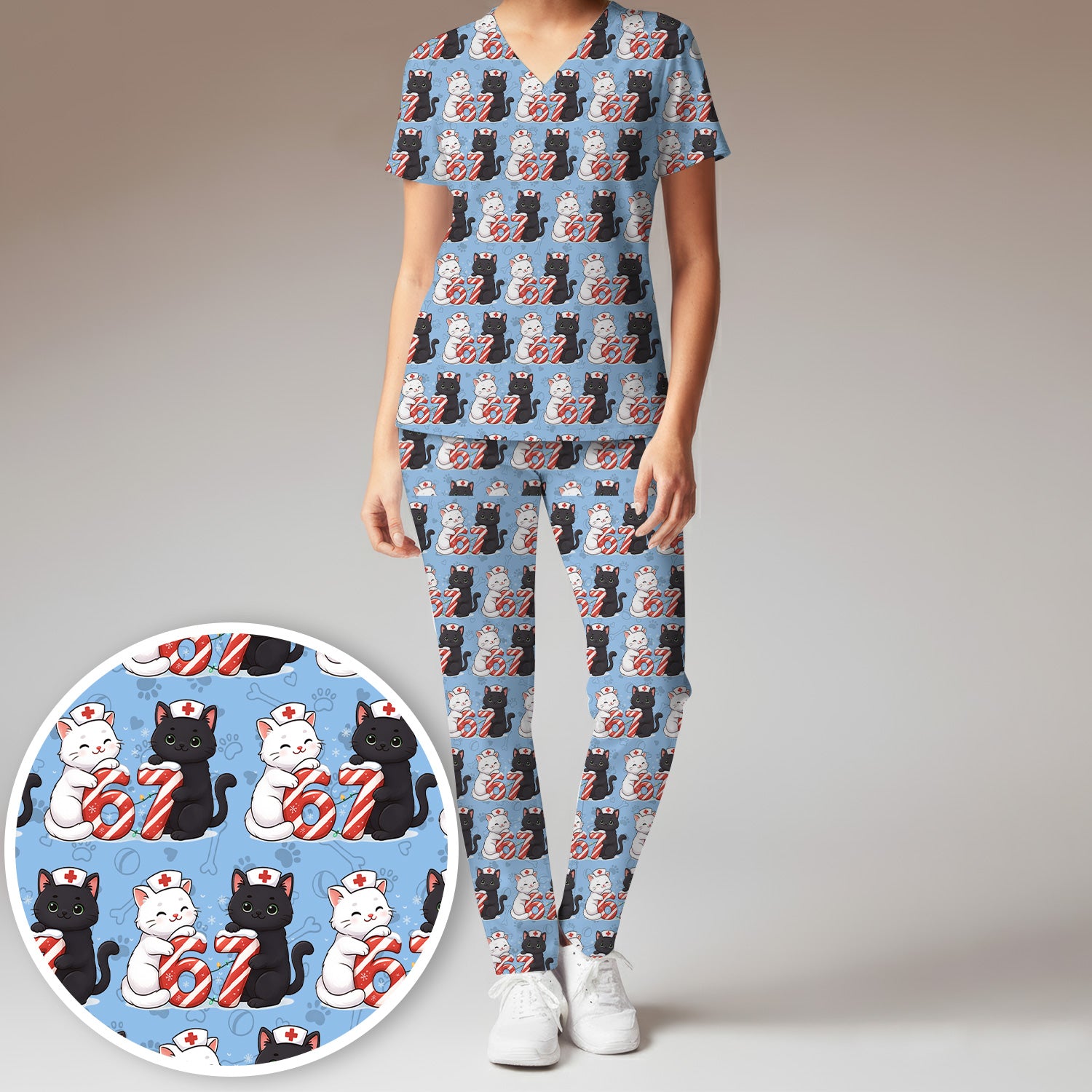 Xmas Cat Pattern Scrub Set, Christmas Nurse Six Seven With Cat Scrub Shirt, Breathable Fabrics Nursing Uniform