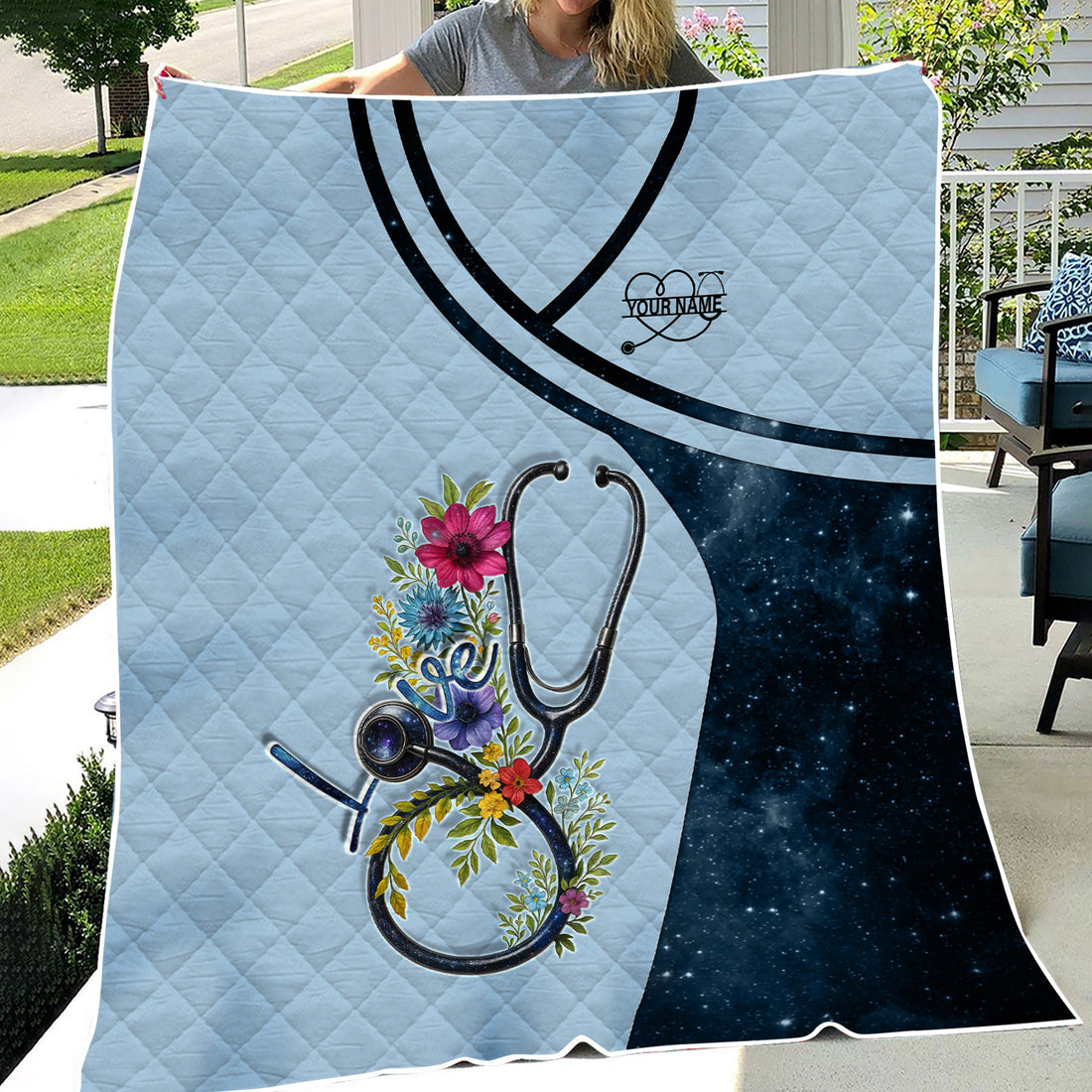 Personalized Nurse Blanket -  Floral Stethoscope Love Design - Custom Name Gift for RN LPN CNA Medical Staff