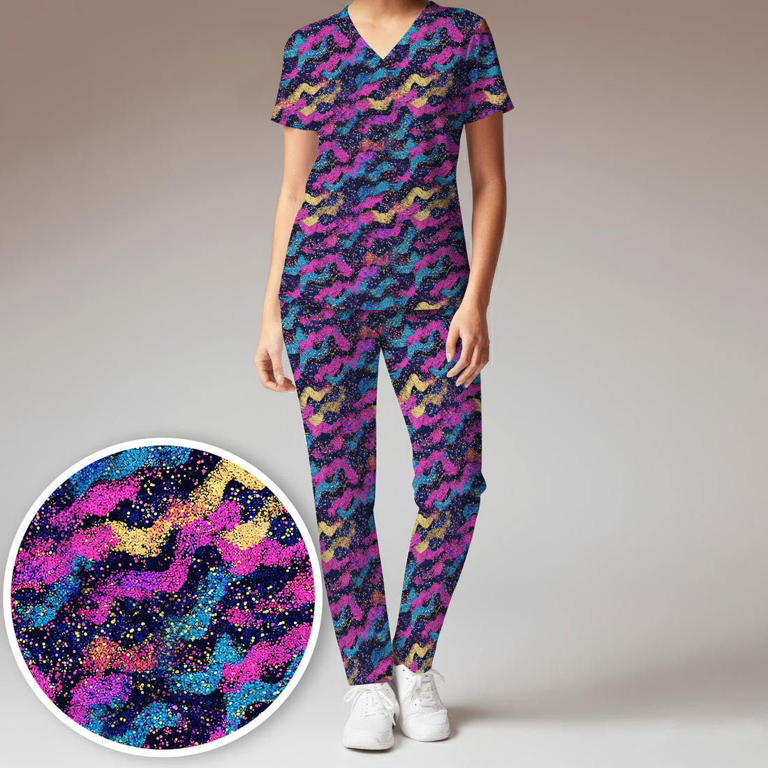 Neon Glitter Galaxy Wavy Pattern Scrub Set, Scrub Pants and V Neck Top