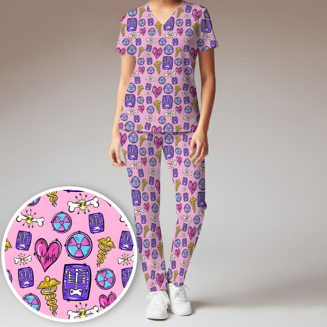 Sassy Nurse Heart Bone Caduceus Xray Icon Print Scrub Set, Scrub Pants and V Neck Top