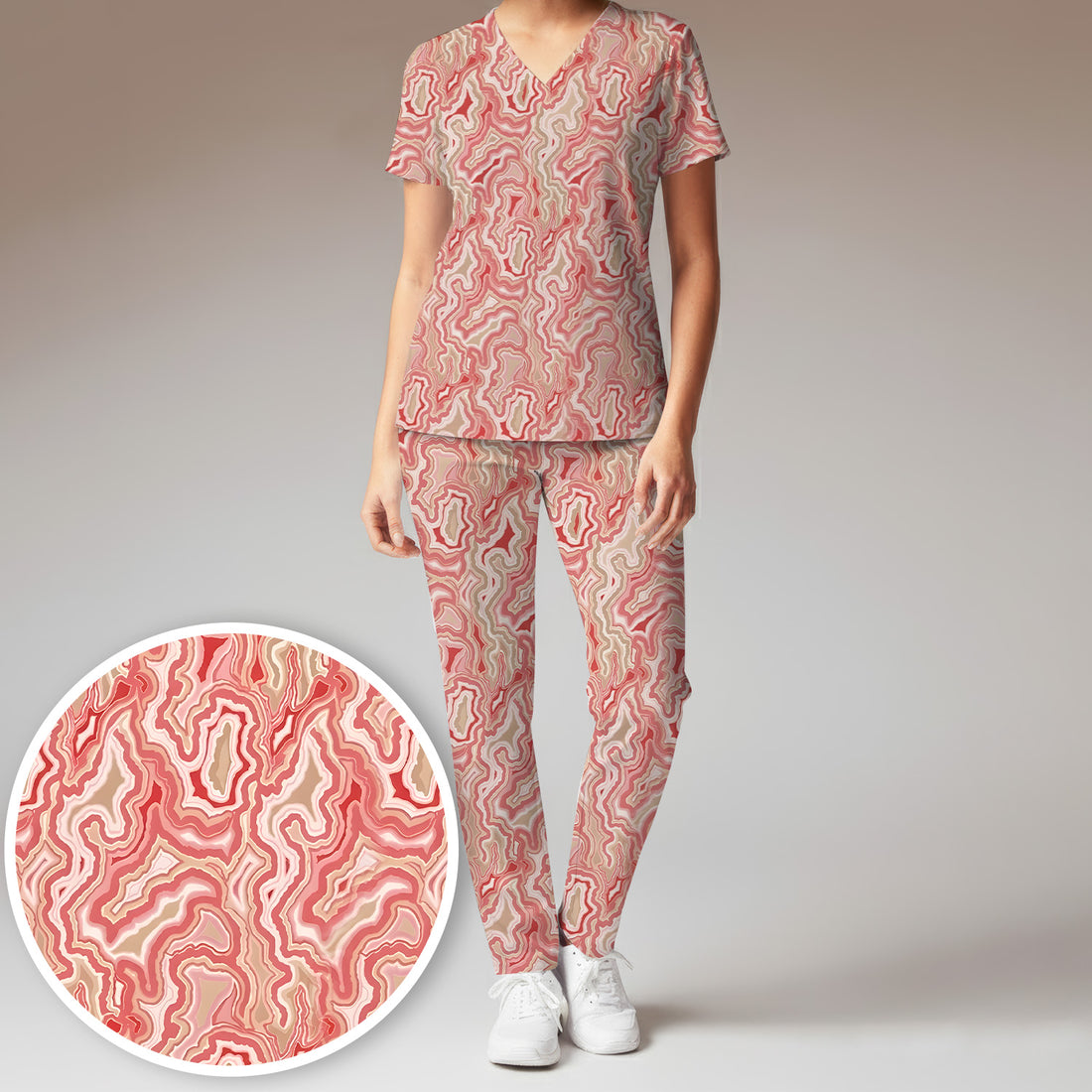 Pink Marble Swirl Abstract Pattern Scrub Set, Scrub Pants and V Neck Top