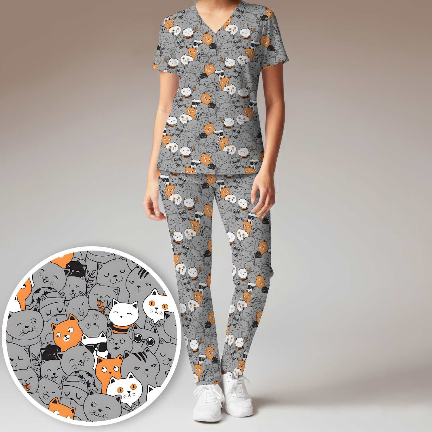 Funny Cats Cute Expressions Pattern Scrub Sets, Scrub Pants and V Neck Top