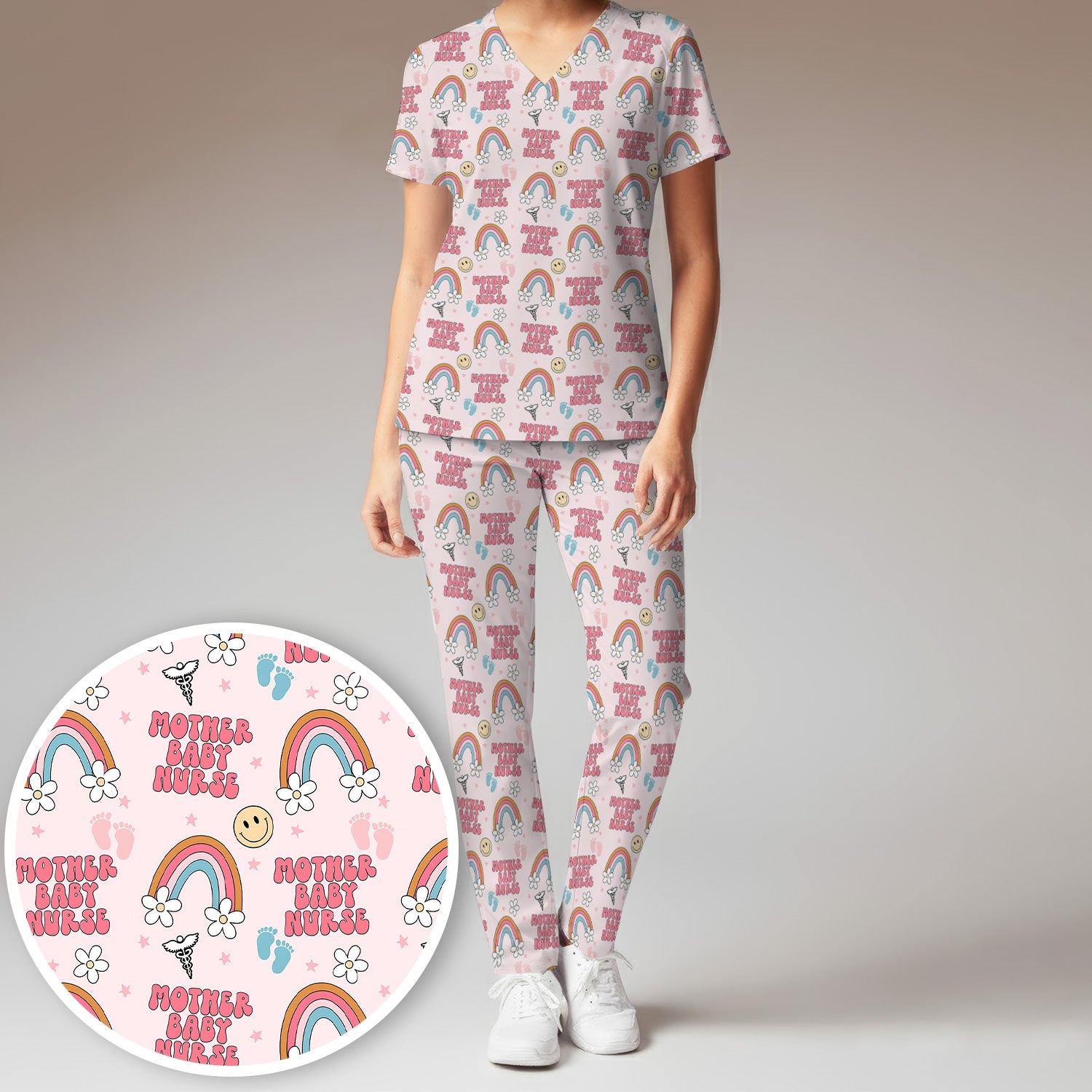 Sweet Mother Baby Nurse Rainbow Pattern Scrub Set, Scrub Pants and V Neck Top