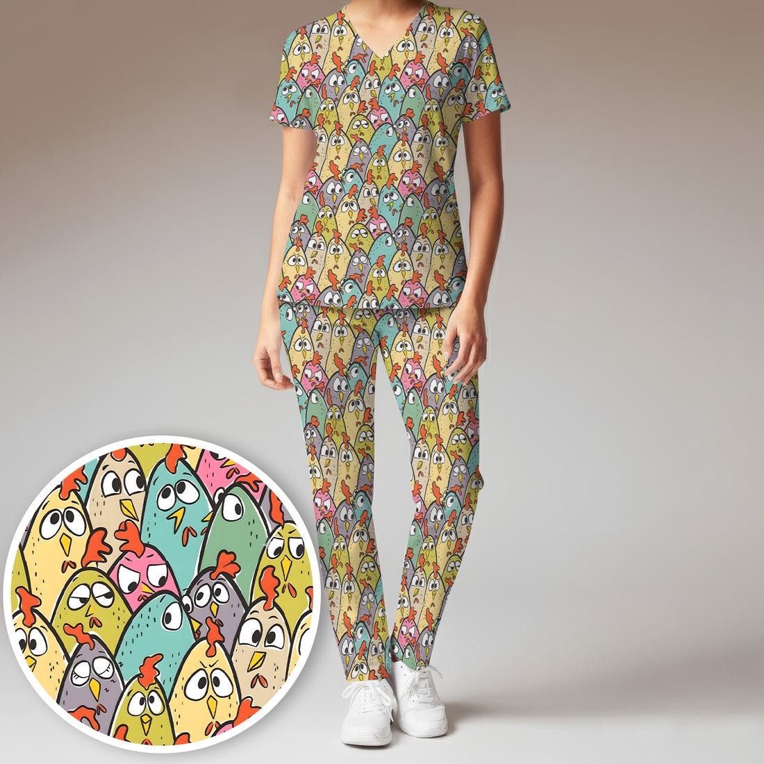 Funny Cartoon Chicken Crowd Pattern Scrub Set, Scrub Pants and V Neck Top