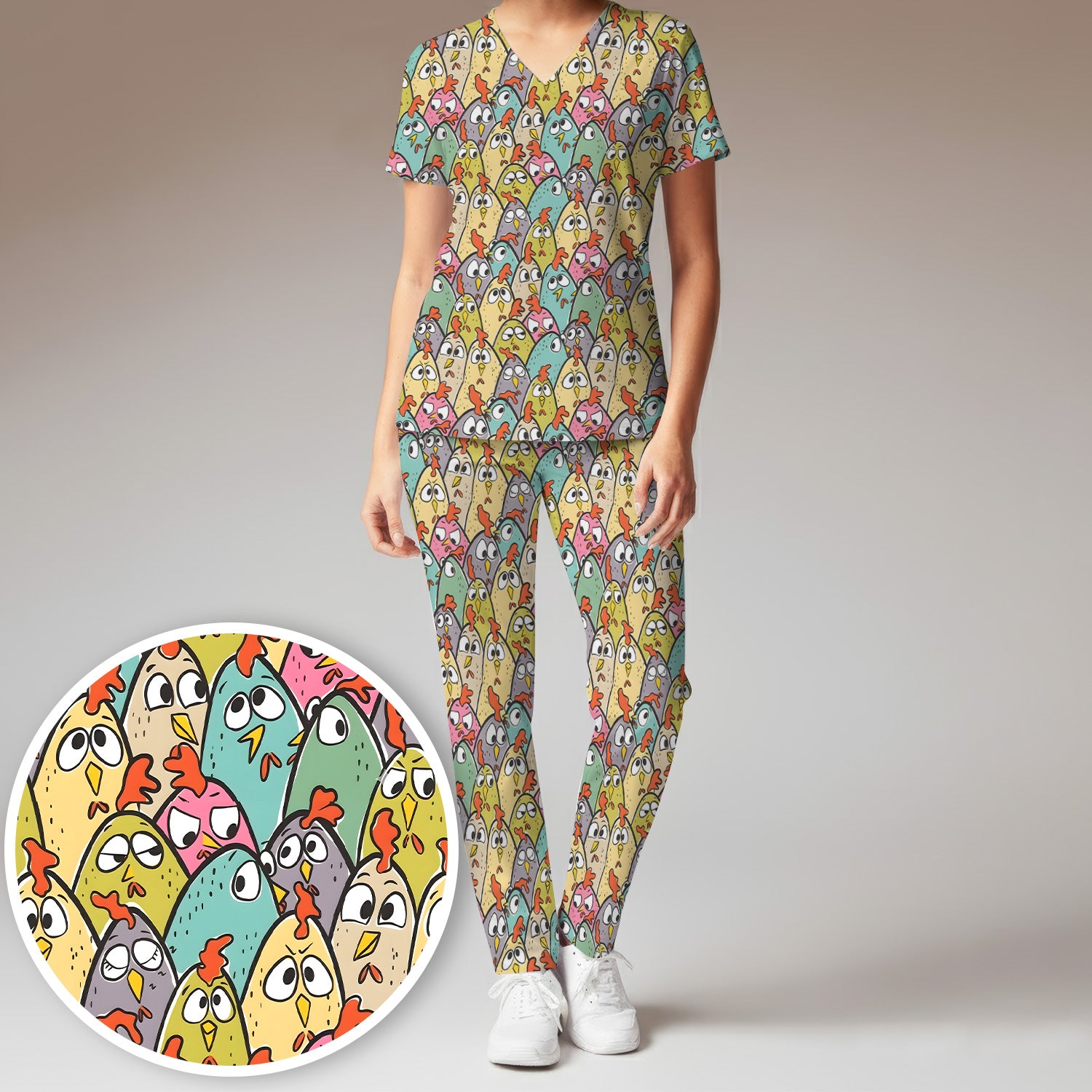 Funny Cartoon Chicken Crowd Pattern Scrub Set, Scrub Pants and V Neck Top