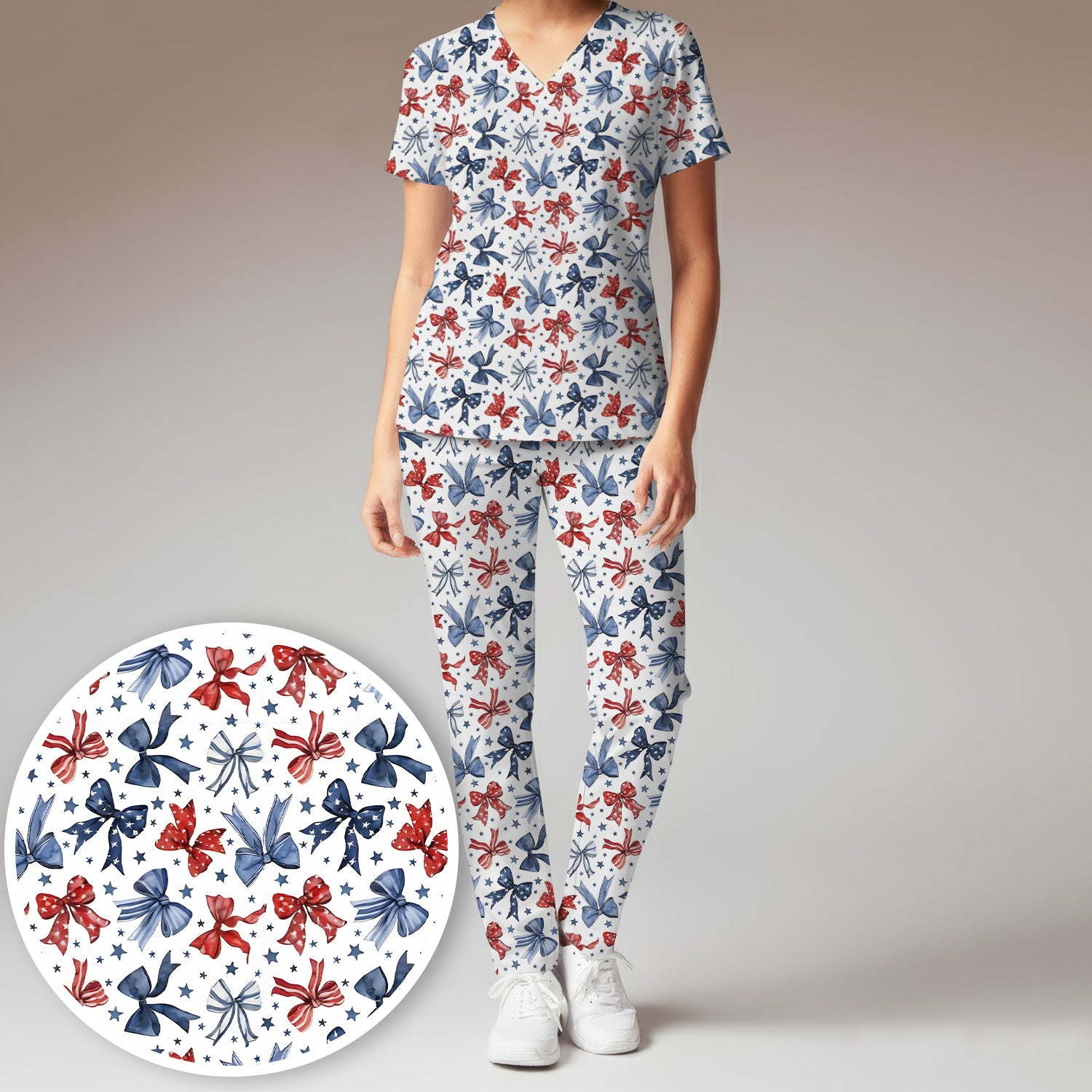 Patriotic Red Blue Ribbon Pattern Scrub Set, Scrub Pants and V Neck Top
