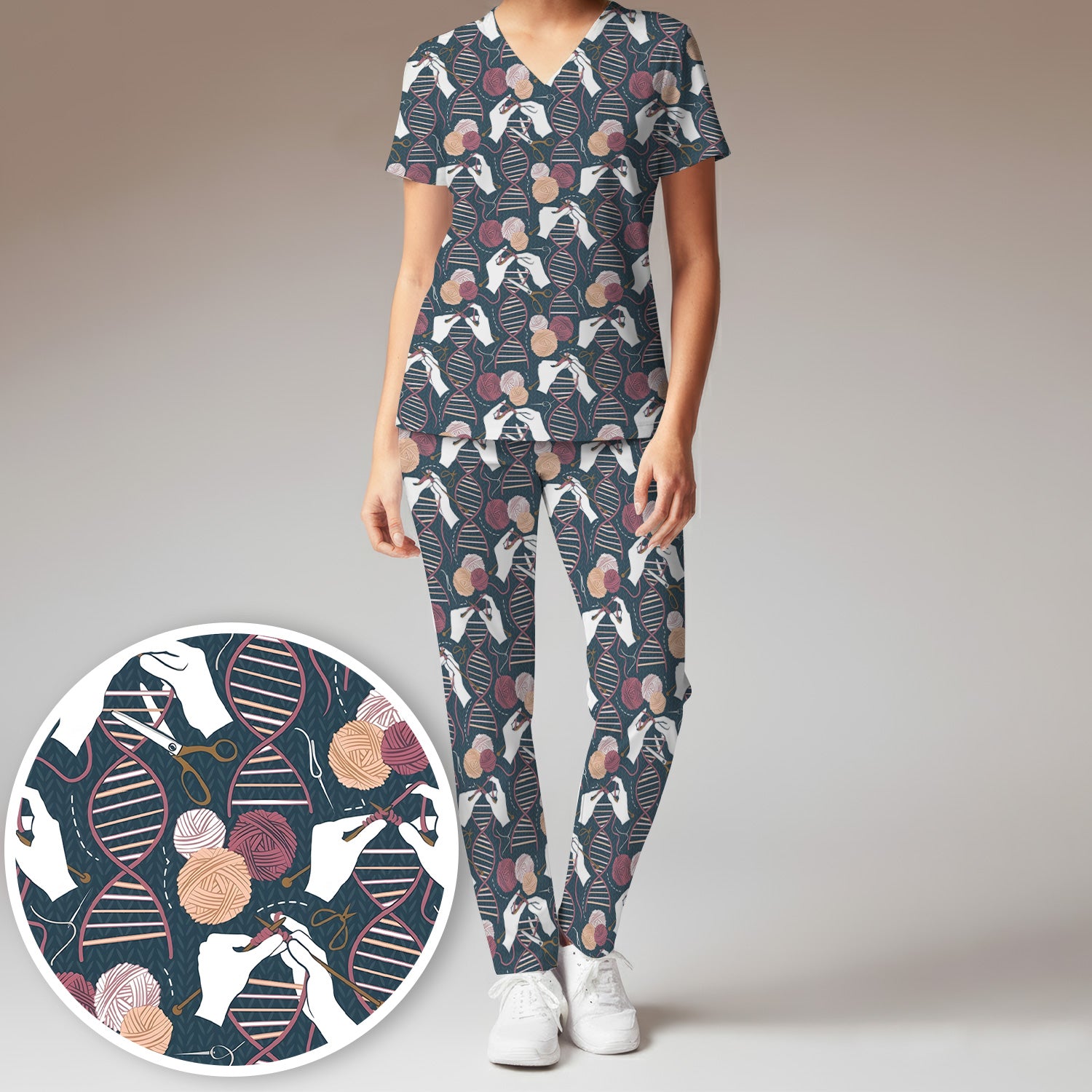 DNA Helix Yarn Pattern Scrub Set, Scrub Pants and V Neck Top