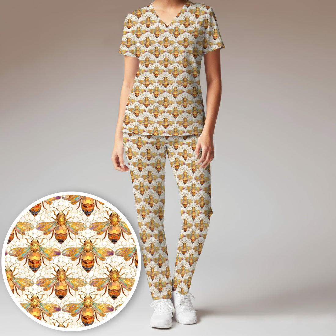 Golden Honey Bee Honeycomb Nurse Pattern Scrub Set, Scrub Pants and V Neck Top