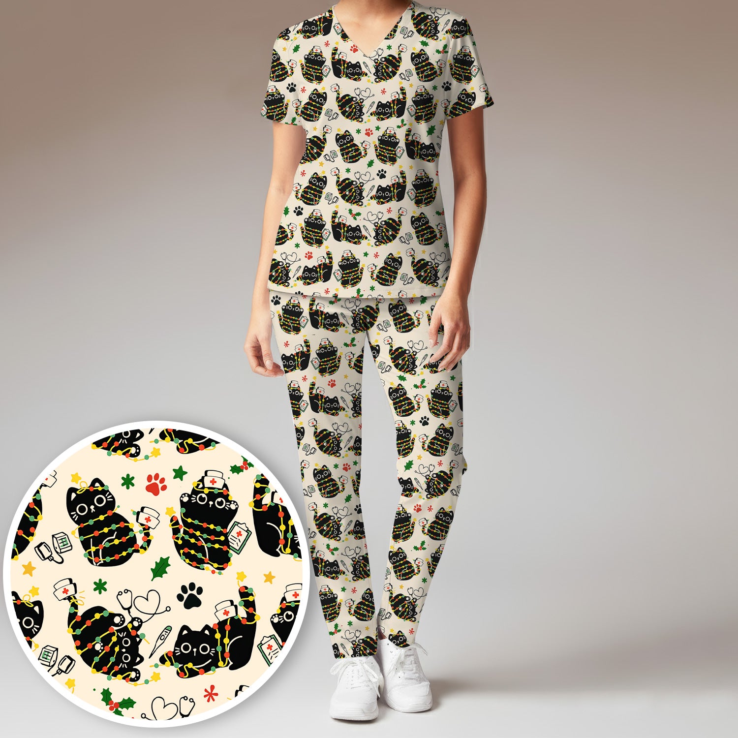 Black Cat Christmas Scrub Set – Nurse & Holiday Lights Pattern Shirt – Cute Medical Uniform For Nursing