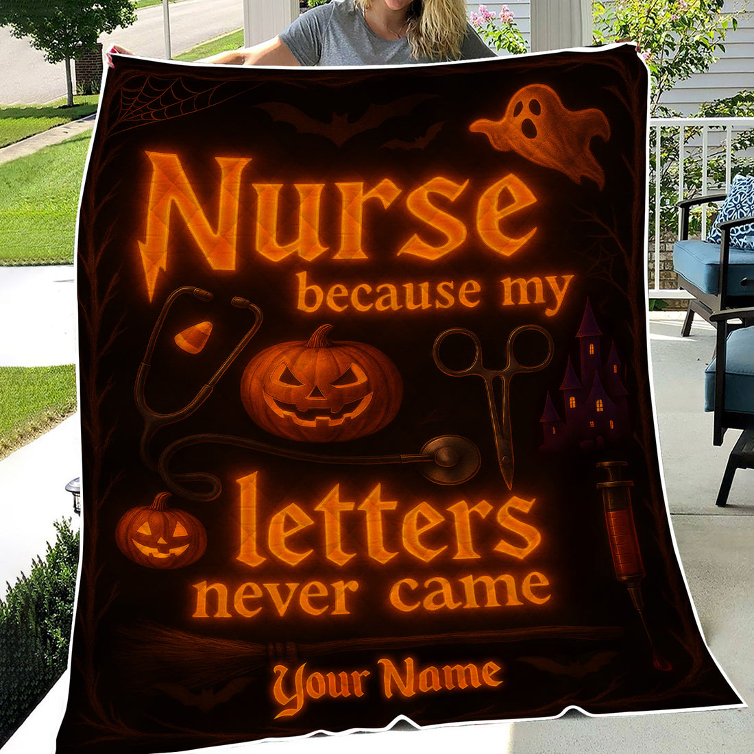Personalized Halloween Nurse Throw Blanket - Spooky Nurse Life Design with Jack-o'-Lantern - Gift for Witchy RN, CNA, LPN