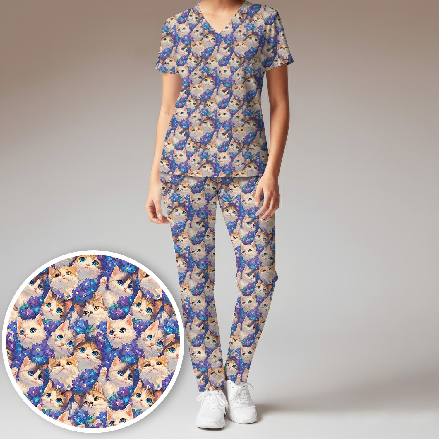 Cute Blue Eyed Kitten Pattern Scrub Set, Scrub Pants and V Neck Top