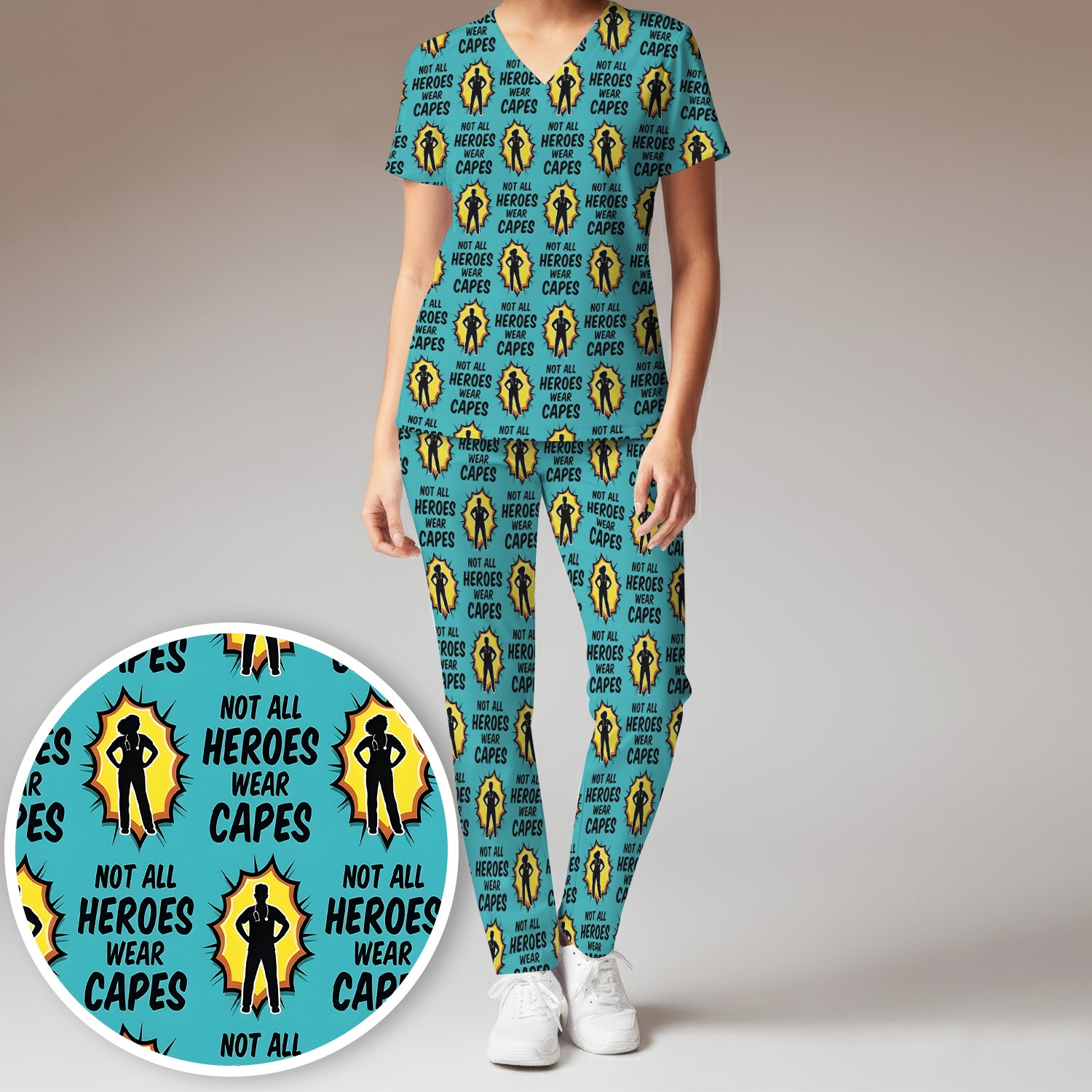 Not All Heroes Wear Capes Nurse Pattern Scrub Set, Scrub Pants and V Neck Top