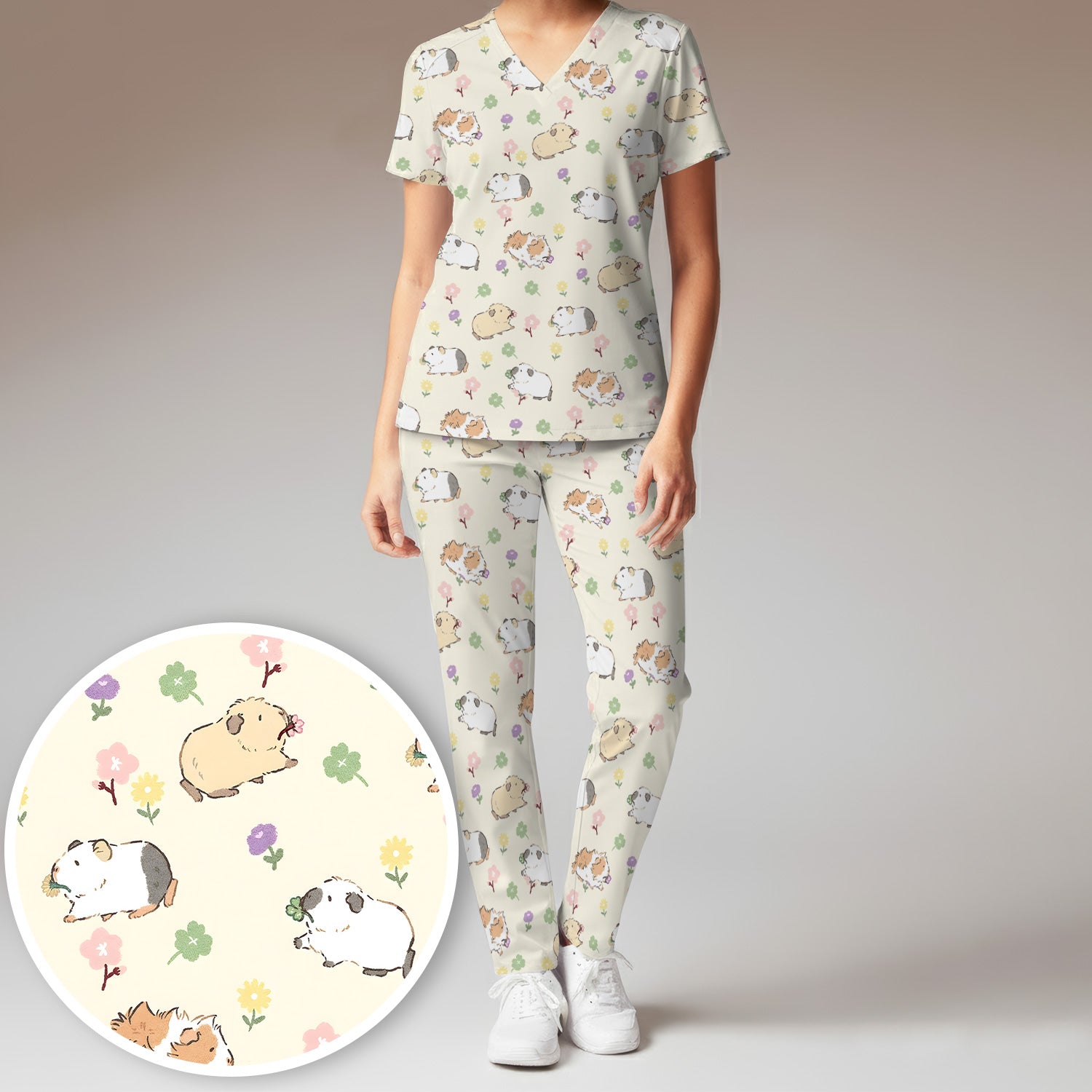 Cozy Guinea Pig Floral Doodle Pattern Scrub Set, Women's Scrub Sets