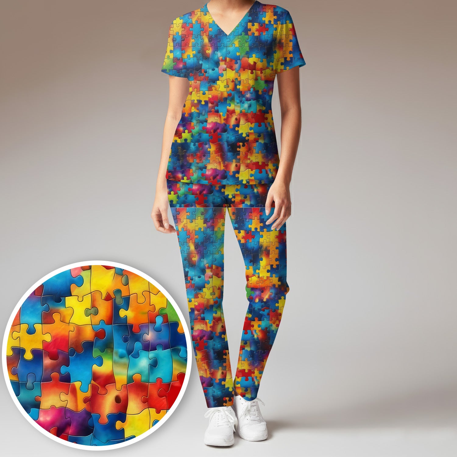 Bright Rainbow Puzzle Piece Art Scrub Set, Scrub Pants and V Neck Top