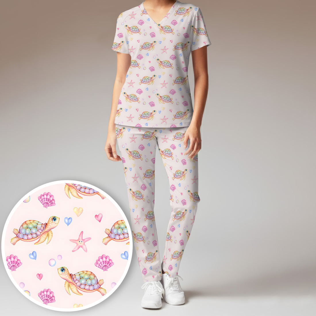 Sea Turtle Ocean Print Scrub Set, Scrub Pants and V Neck Top