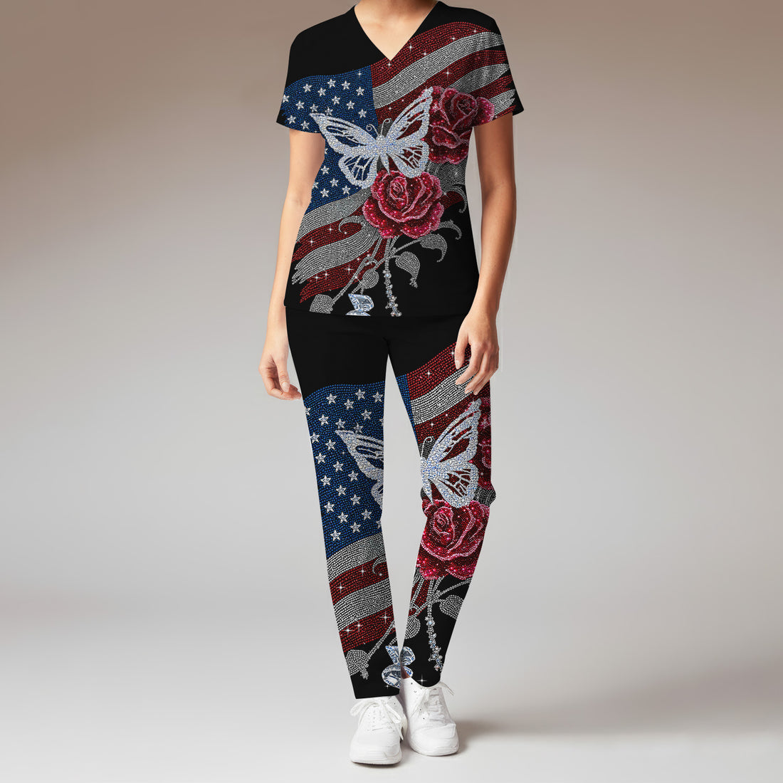 Patriotic Butterfly Rose Flag Print Scrub Set, Scrub Pants and V Neck Top