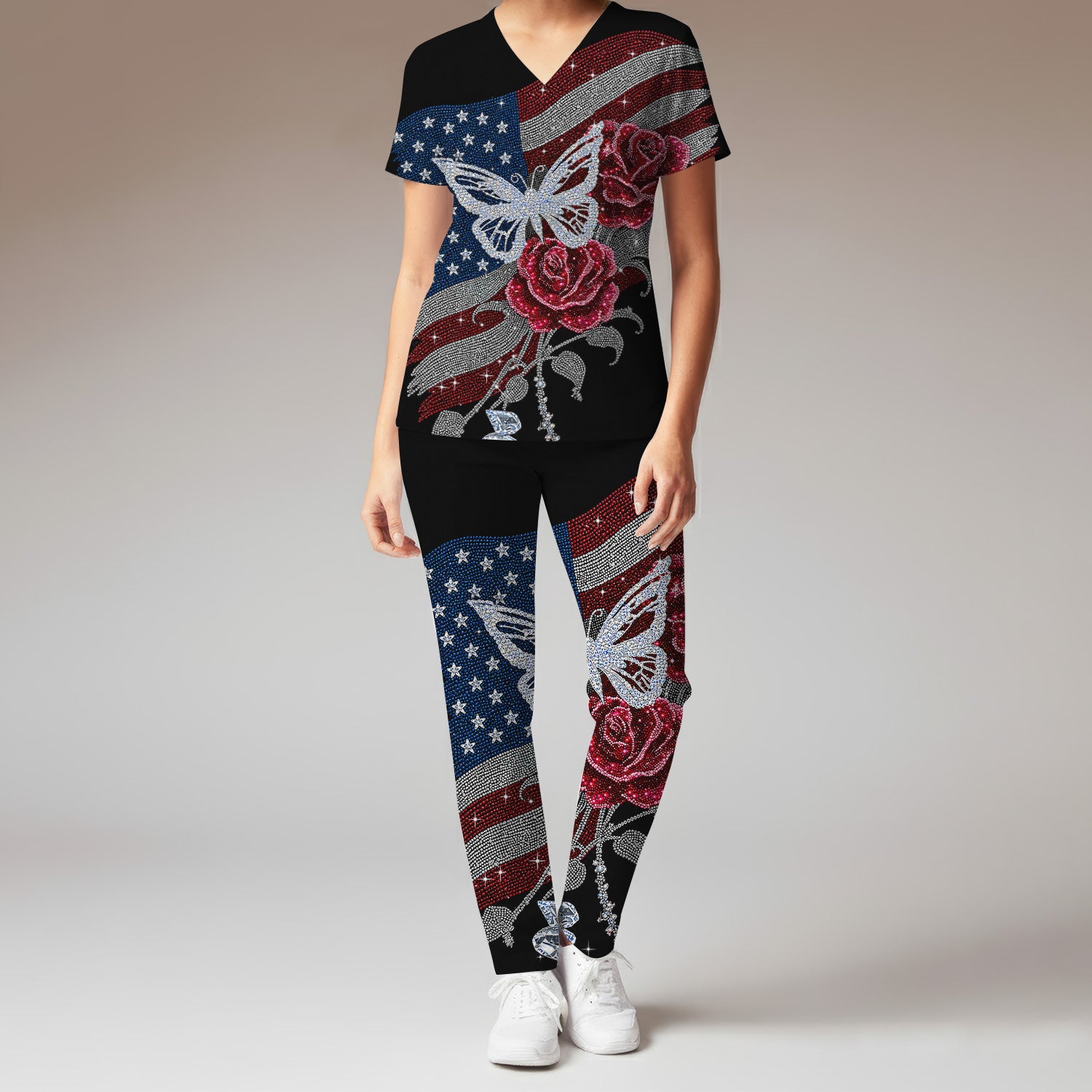 Patriotic Butterfly Rose Flag Print Scrub Set, Scrub Pants and V Neck Top