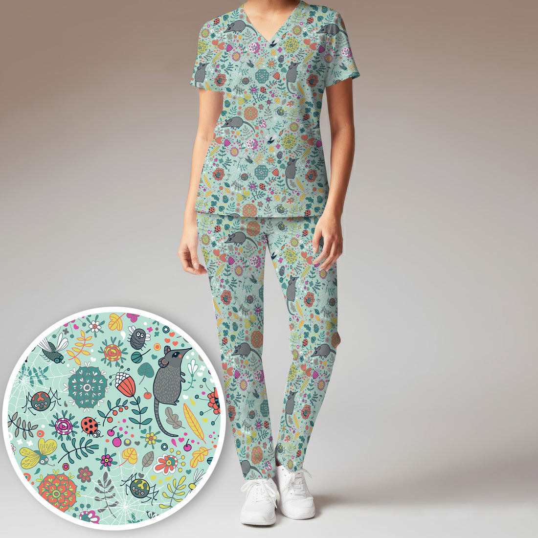 Woodland Mouse Floral Pattern Scrub Set, Breathable Med Uniform