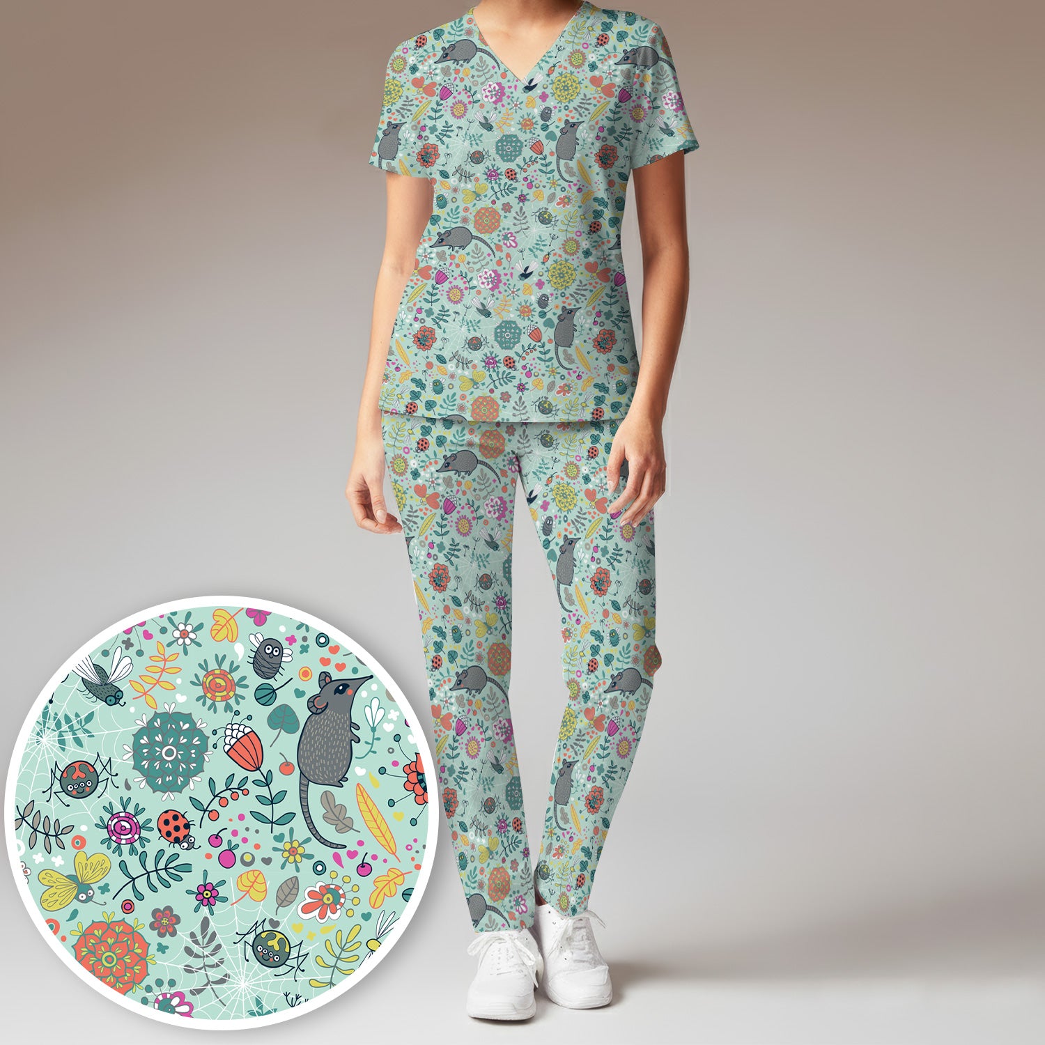 Woodland Mouse Floral Pattern Scrub Set, Breathable Med Uniform