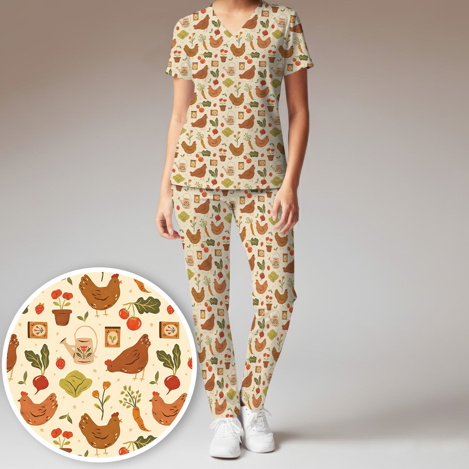 Rustic Farm Chicken Garden Vegetable Pattern Scrub Set, Scrub Pants and V Neck Top