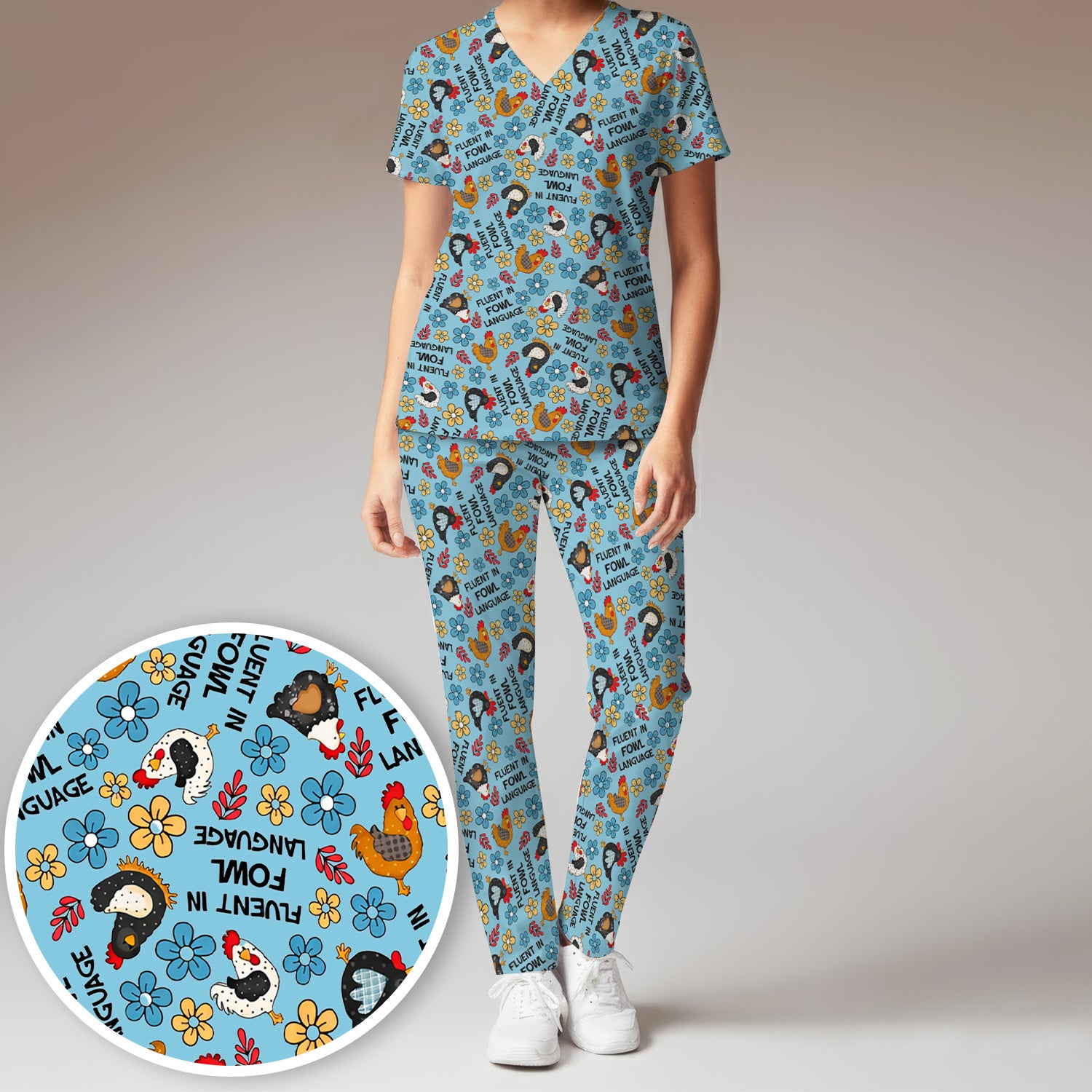 Funny Chicken Fluent in Fowl Language Pattern Scrub Set, Scrub Pants and V Neck Top