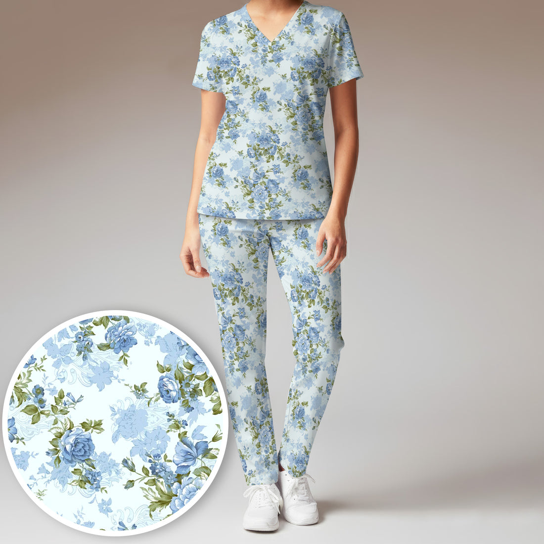 Cute Blue Floral Pattern Scrub Set, Scrub Pants and V Neck Top