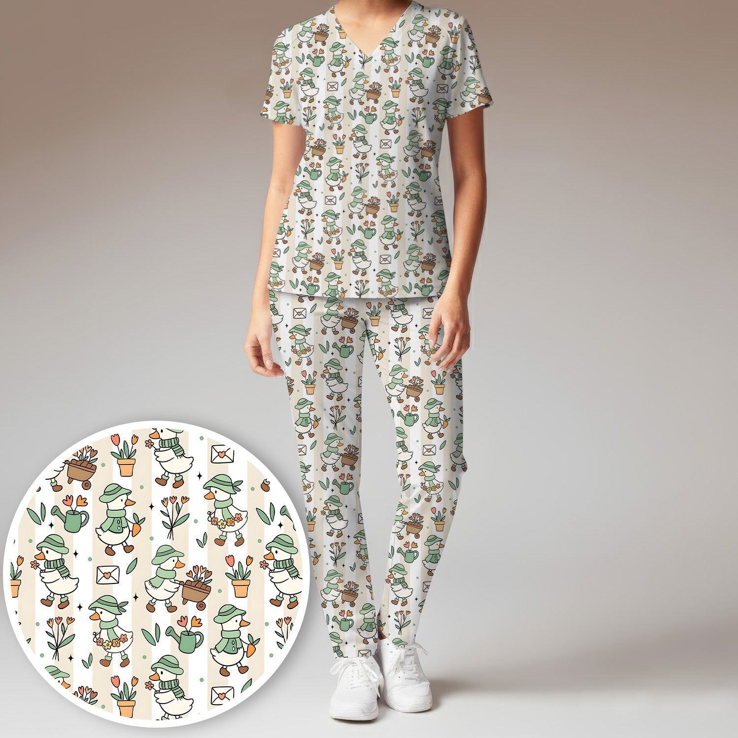 Cute Gardening Duck Floral Pattern Scrub Set, Scrub Pants and V Neck Top