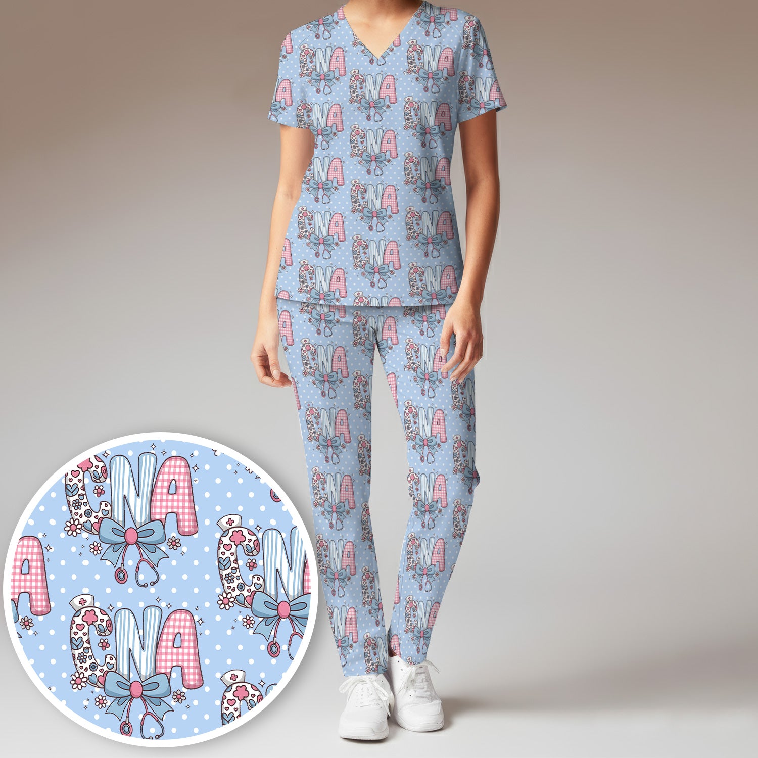 Cute CNA Floral Bow Pattern Scrub Set, Scrub Pants and V Neck Top, Breathable Med Uniform
