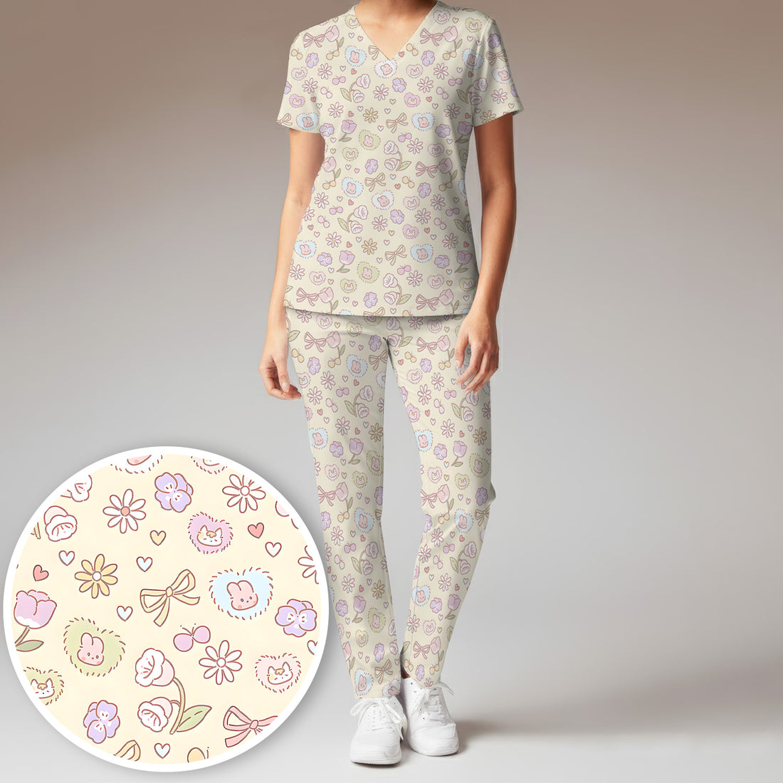 Pastel Bunny Flower Heart Pattern Nurse Scrub Set, Scrub Pants and V Neck Top