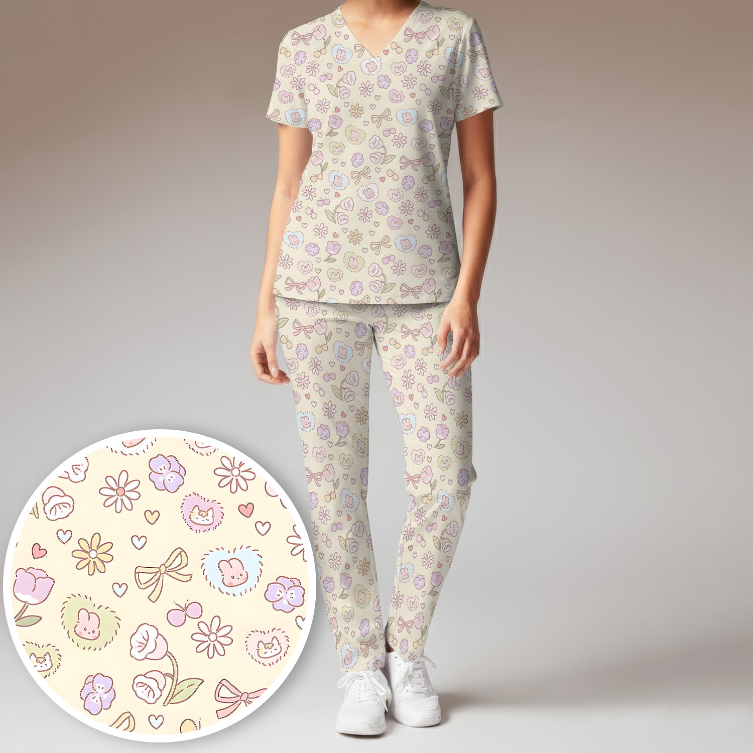 Pastel Bunny Flower Heart Pattern Nurse Scrub Set, Scrub Pants and V Neck Top