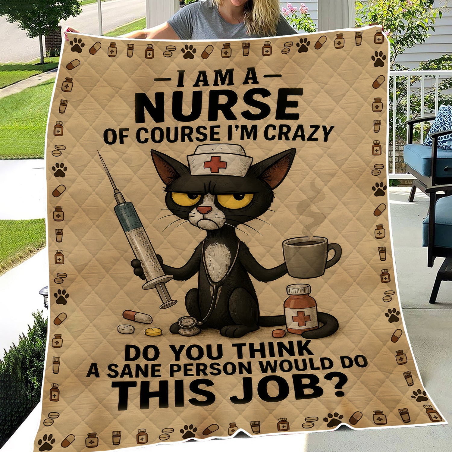 Personalized Crazy Nurse Blanket - Cute Black Cat in Scrubs with Stethoscope & Coffee Graphic - Gift Idea for Registered Nurses CNA LPN