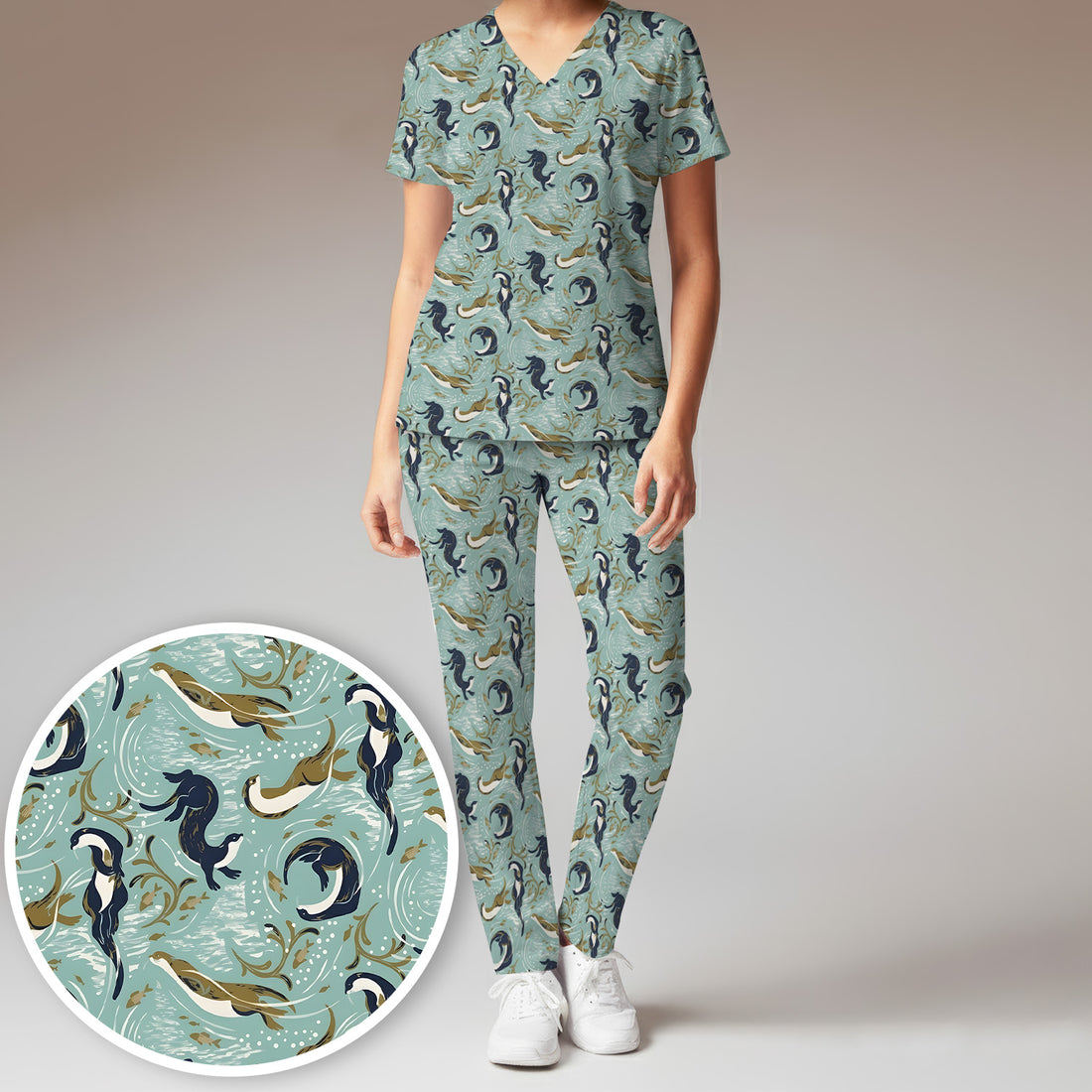 Sea Otter Ocean Wave Coastal Pattern Scrub Set, Scrub Pants and V Neck Top