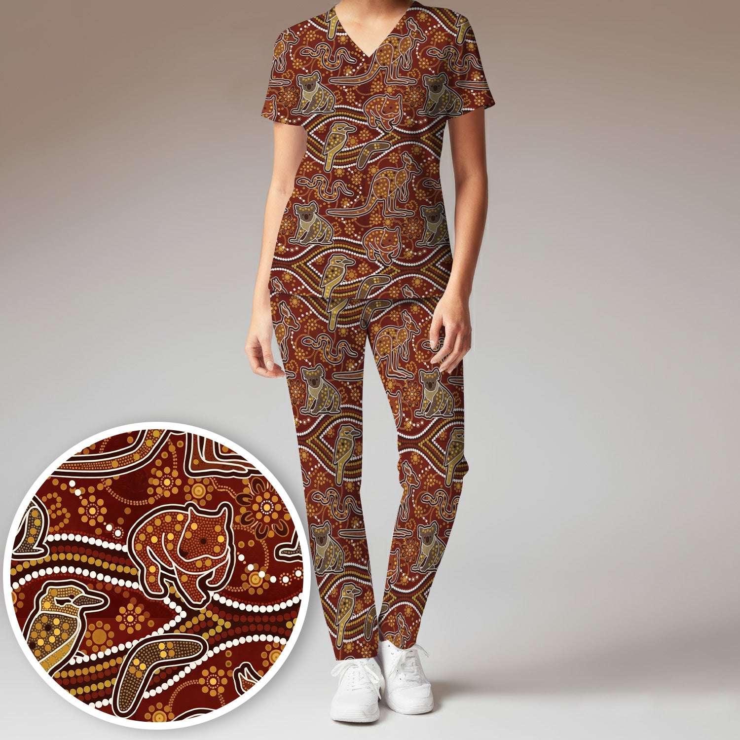 Australian Kangaroo Koala Aboriginal Art Pattern Scrub Sets, Scrub Pants and V Neck Top