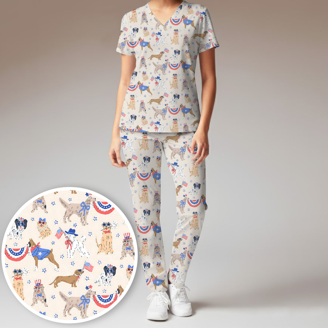Patriotic Dog Parade Pattern Scrub Set, Scrub Pants and V Neck Top