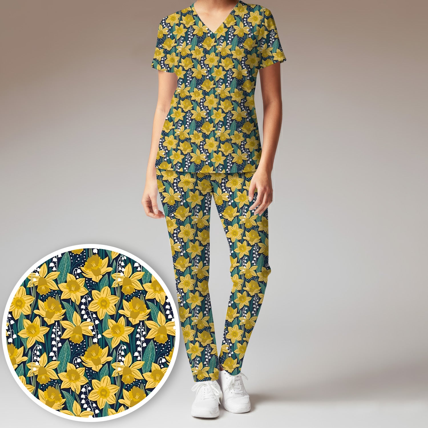 Yellow Daffodil Lily Valley Pattern Scrub Set, Scrub Pants and V Neck Top