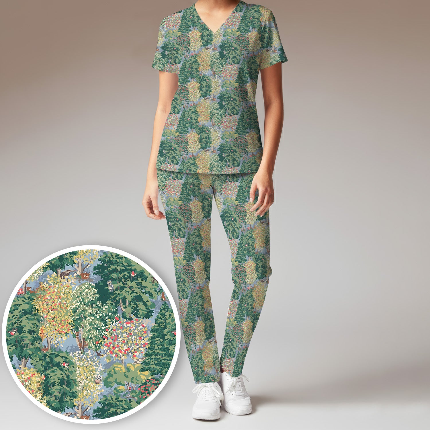 Forest Landscape Pattern Scrub Set, Scrub Pants and V Neck Top