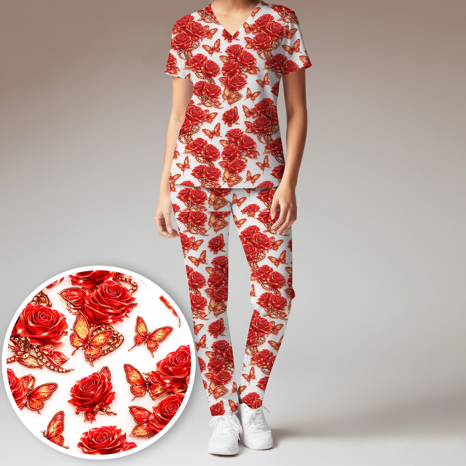 Red Rose and Butterfly Pattern Scrub Set, Comfortable Scrub Pants and V Neck Top for Nurses