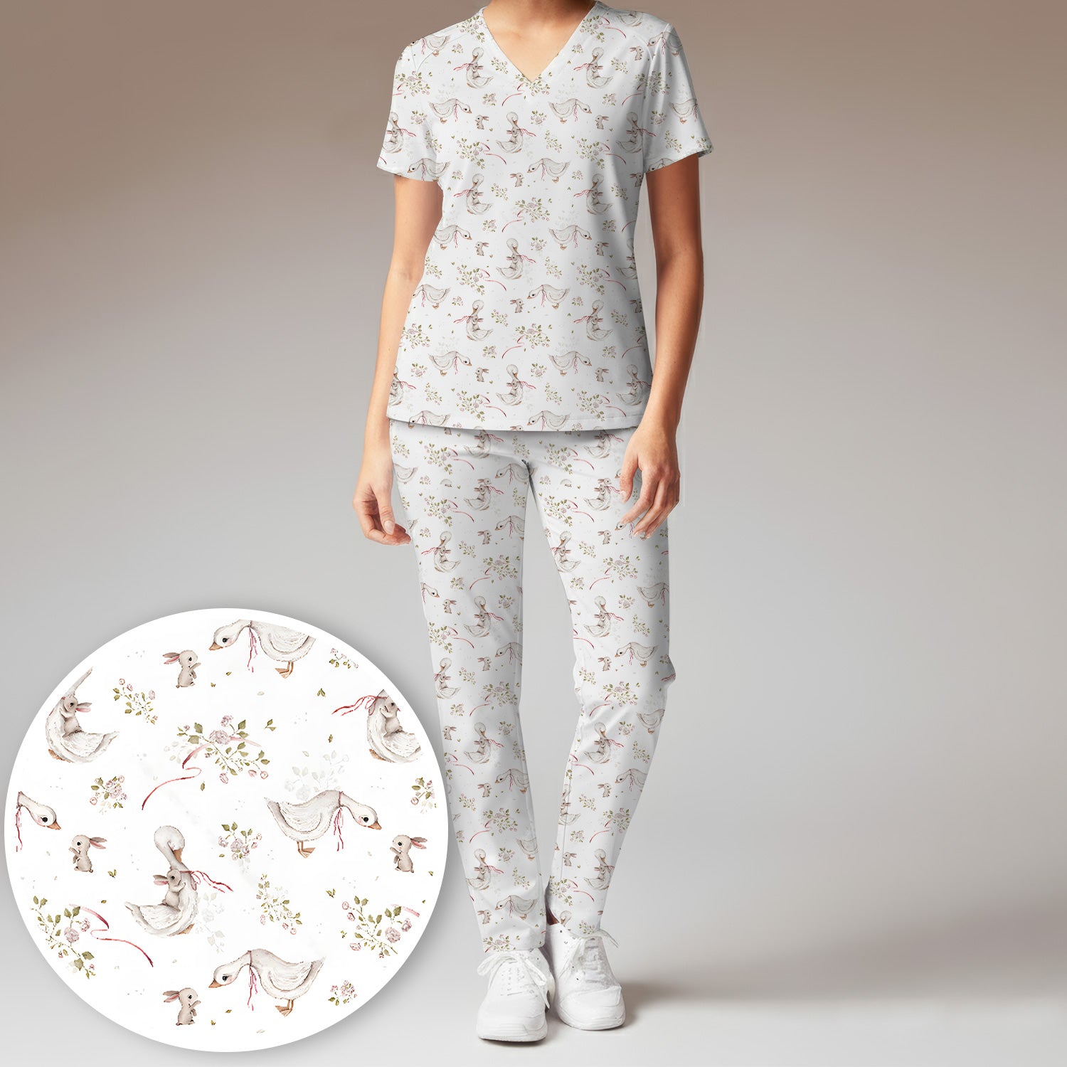 Cute Duck Bunny Floral Print Scrub Set, Breathable Med Uniform