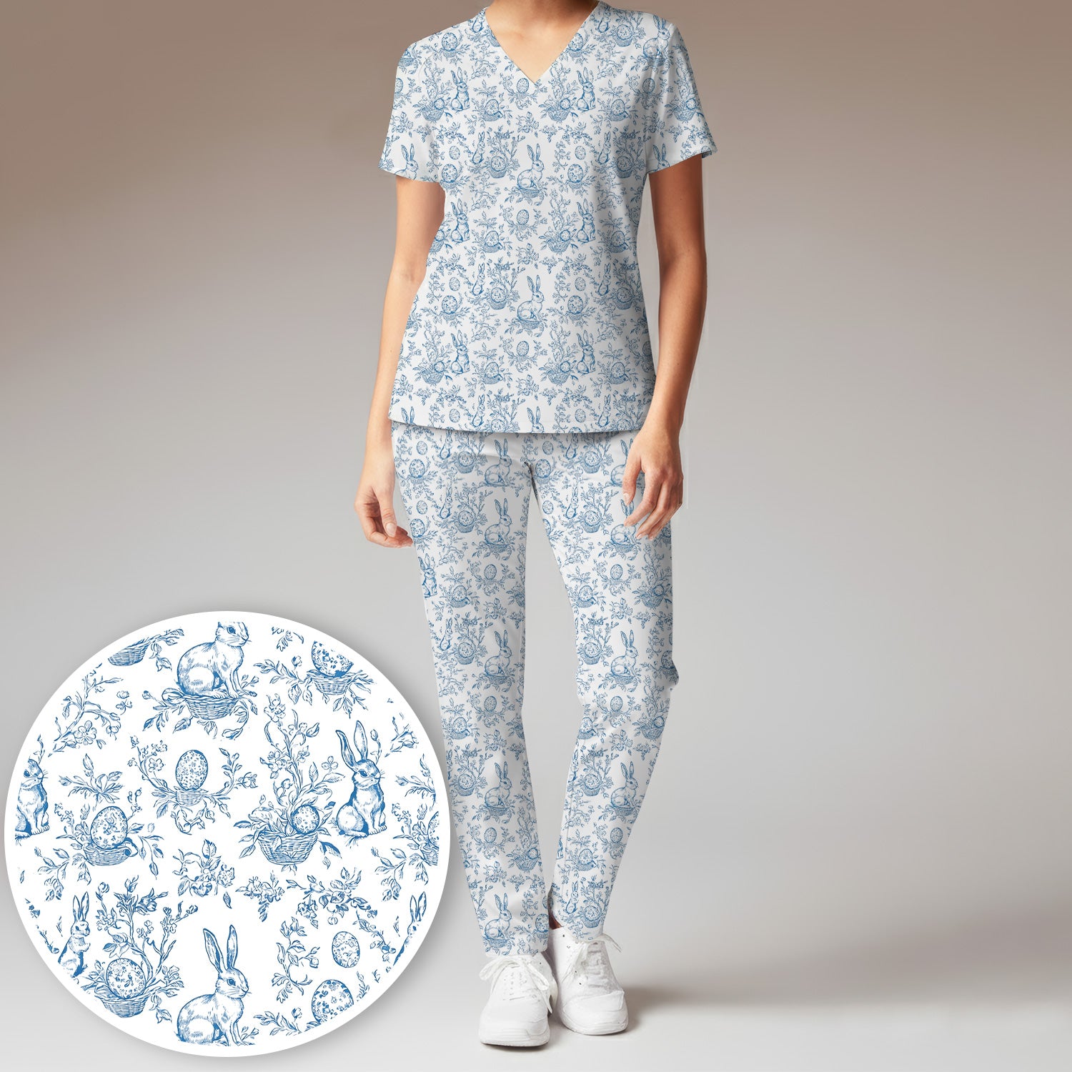 Easter Bunny Floral Egg Toile Pattern Design Print Set, Women's Scrub Sets