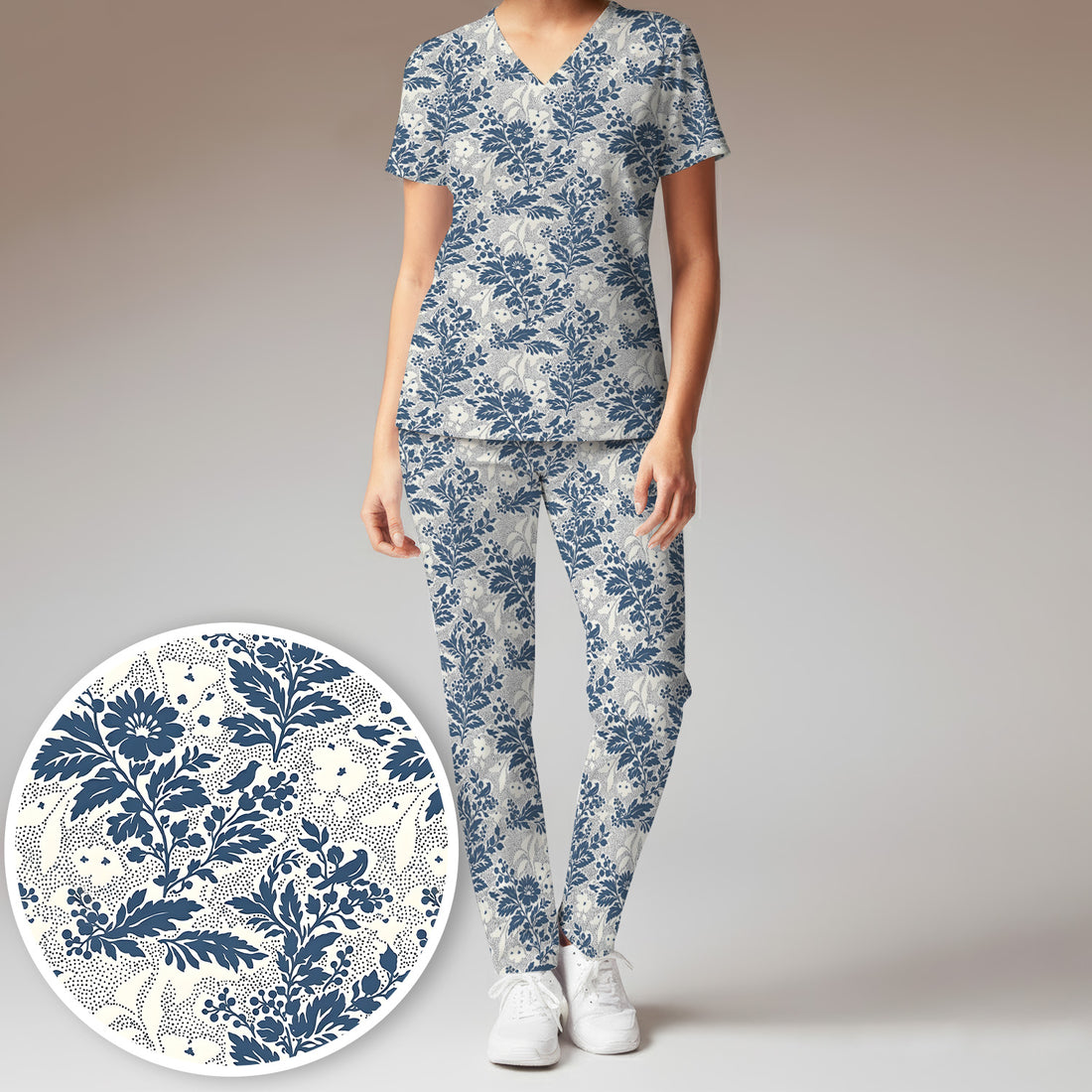Cute Blue Floral Botanical Nurse Pattern Scrub Set, Scrub Pants and V Neck Top