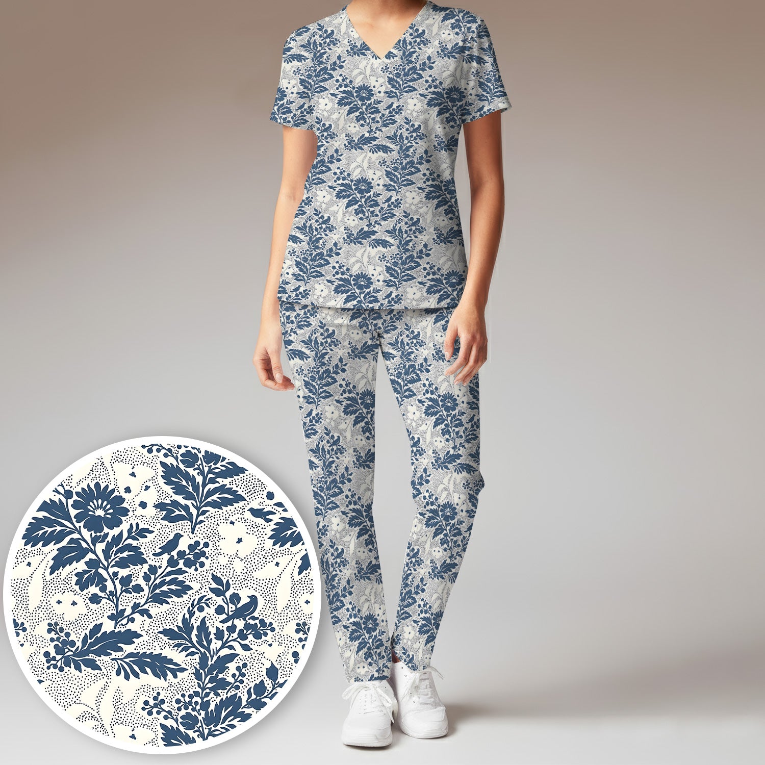 Cute Blue Floral Botanical Nurse Pattern Scrub Set, Scrub Pants and V Neck Top