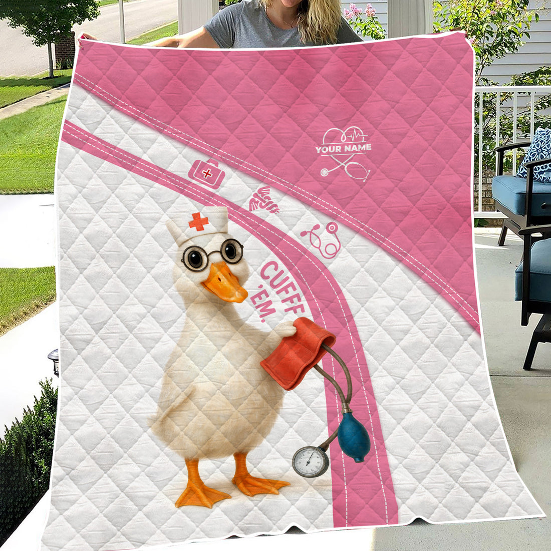 Personalized Funny Nurse Blanket - Duck Nurse with Blood Pressure Cuff Design - Custom Name Gift for RN LPN CNA Doctors and Medical Staff