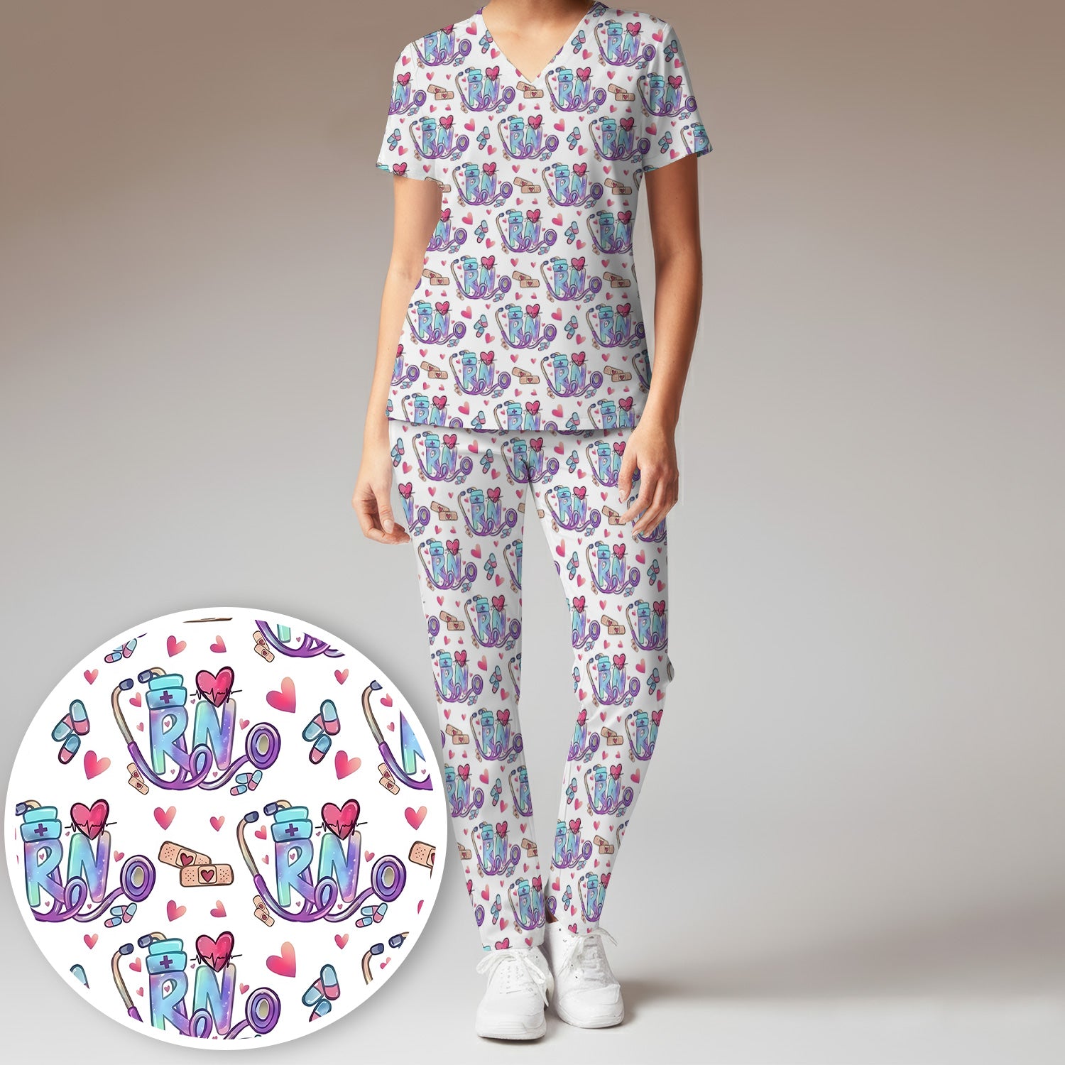 Nurse Life RN Heart Pattern Scrub Set, Scrub Pants and V Neck Top